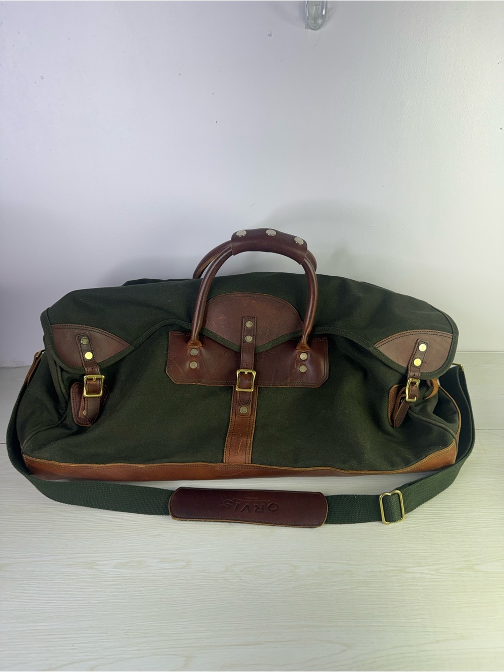 Orvis Mens Battenkill Gokey Duffle Bag Large Green Canvas Leather Trim Weekend